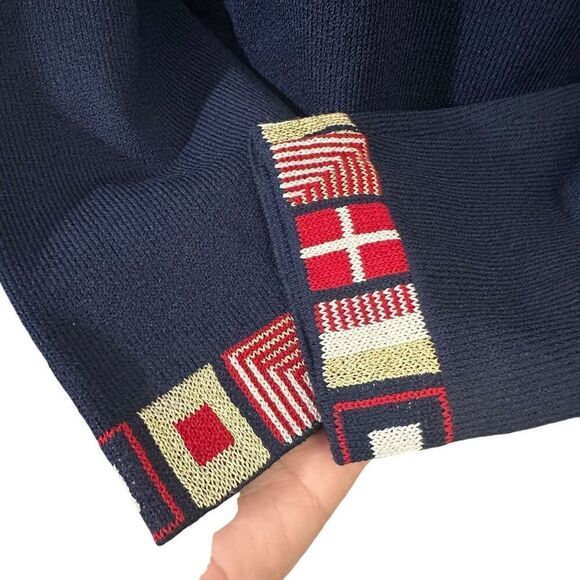 St. John Sport Santana Knit Navy Sweater SJ Buttons Multi color Patch Trim sz S - Picture 4 of 10